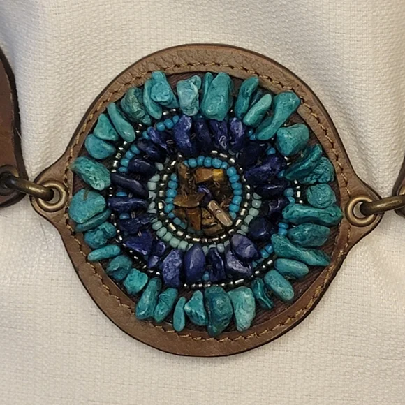 Chico's Leather Bronze Hip Belt Torquoise Teal Blue Stones Chain Concho Boho Y2K - Picture 5 of 7